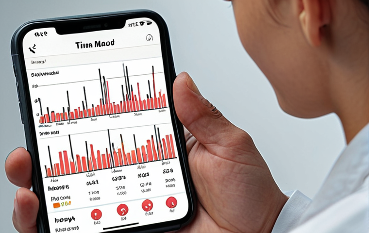 **A person using a mobile app to track their mood and activities, showing a graph or chart of mood fluctuations over time.** (Focus: Technology & Mood Tracking)