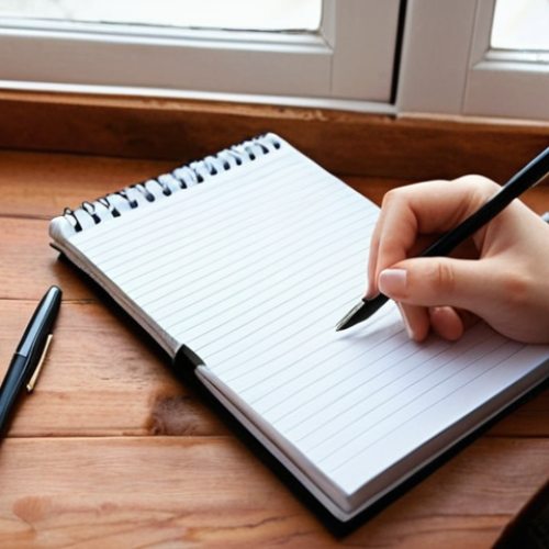 ** A person journaling about their feelings, with a notepad and pen on a table, set in a cozy, calming room. Focus on capturing emotions of introspection and self-awareness.

**