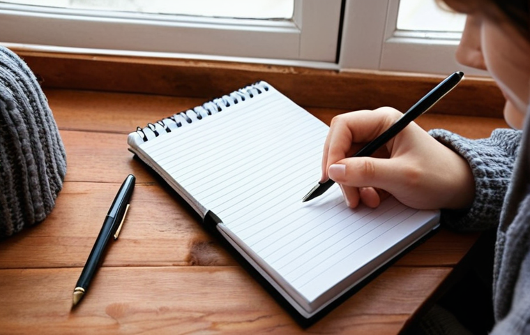 ** A person journaling about their feelings, with a notepad and pen on a table, set in a cozy, calming room. Focus on capturing emotions of introspection and self-awareness.
**