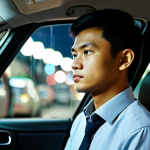 A young adult in modern smart casual business attire, fully clothed, appropriate attire, taking a moment of calm reflection inside a car during a soft-lit evening rush hour in a bustling Malaysian urban setting. The background shows blurred city lights and the subtle outlines of local shophouses and a 'mamak' stall. Professional photography, high quality, perfect anatomy, correct proportions, natural pose, well-formed hands, proper finger count, natural body proportions, safe for work, appropriate content, modest clothing, family-friendly.