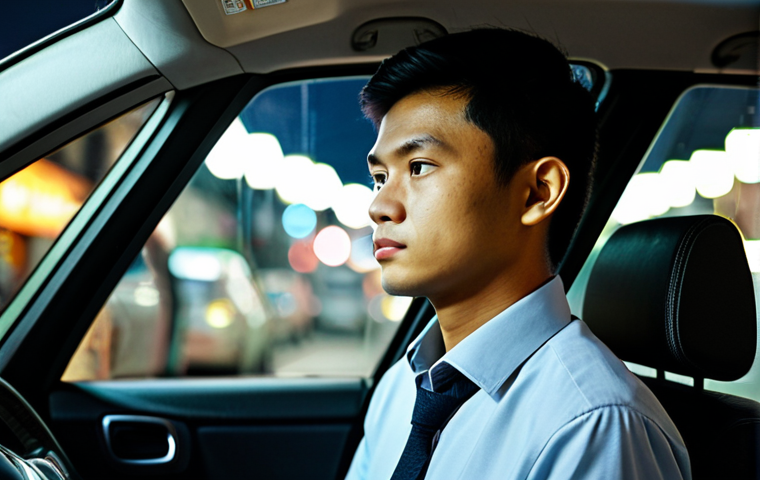 A young adult in modern smart casual business attire, fully clothed, appropriate attire, taking a moment of calm reflection inside a car during a soft-lit evening rush hour in a bustling Malaysian urban setting. The background shows blurred city lights and the subtle outlines of local shophouses and a 'mamak' stall. Professional photography, high quality, perfect anatomy, correct proportions, natural pose, well-formed hands, proper finger count, natural body proportions, safe for work, appropriate content, modest clothing, family-friendly.