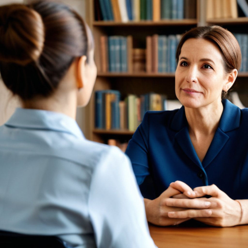 **

A kind, professional female psychologist in her 40s, wearing a modest blouse and skirt, sitting in a warmly lit office with comfortable chairs and bookshelves in the background. She is listening attentively to a client (only partially visible from the back), creating a safe and supportive atmosphere. The scene emphasizes empathy and healing. Fully clothed, appropriate content, professional, modest, safe for work, perfect anatomy, correct proportions, natural pose, well-formed hands, proper finger count, natural body proportions.

**