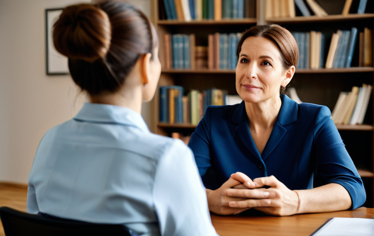 **
A kind, professional female psychologist in her 40s, wearing a modest blouse and skirt, sitting in a warmly lit office with comfortable chairs and bookshelves in the background. She is listening attentively to a client (only partially visible from the back), creating a safe and supportive atmosphere. The scene emphasizes empathy and healing. Fully clothed, appropriate content, professional, modest, safe for work, perfect anatomy, correct proportions, natural pose, well-formed hands, proper finger count, natural body proportions.
**