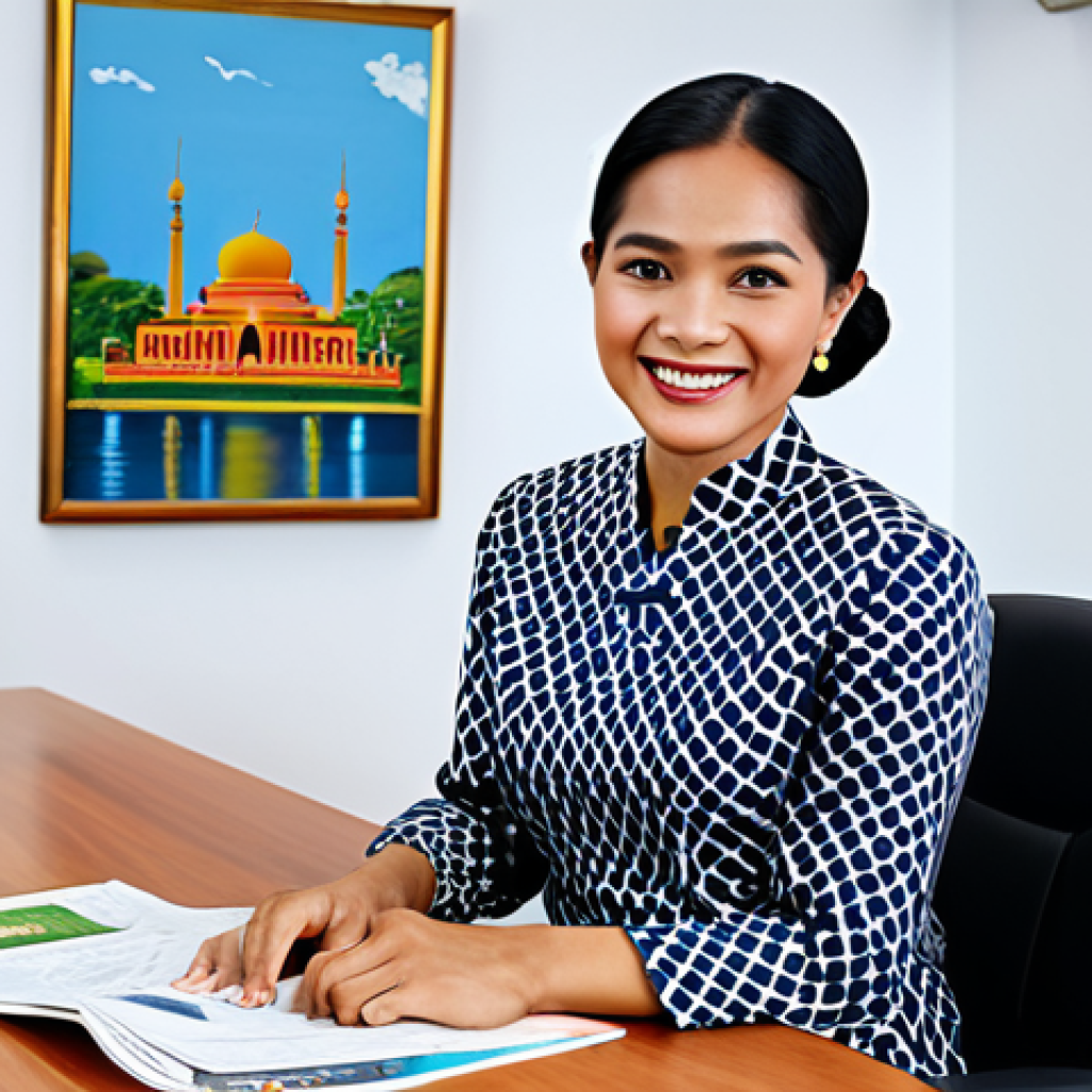 **

A Malaysian family-friendly scene depicting a fully clothed professional woman in her 30s, wearing a modest baju kurung (traditional Malay dress), sitting at a modern desk in a bright office setting with Malaysian art on the walls. She is smiling and looking confidently at the viewer. The background includes brochures about health insurance plans in Bahasa Malaysia. Perfect anatomy, correct proportions, natural pose, well-formed hands, proper finger count, natural body proportions. Safe for work, appropriate content, professional, modest, family-friendly.

**