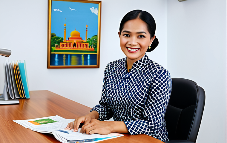 **
A Malaysian family-friendly scene depicting a fully clothed professional woman in her 30s, wearing a modest baju kurung (traditional Malay dress), sitting at a modern desk in a bright office setting with Malaysian art on the walls. She is smiling and looking confidently at the viewer. The background includes brochures about health insurance plans in Bahasa Malaysia. Perfect anatomy, correct proportions, natural pose, well-formed hands, proper finger count, natural body proportions. Safe for work, appropriate content, professional, modest, family-friendly.
**