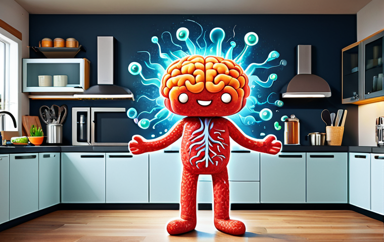정신건강과 영양의 관계 - Gut-Brain Connection**
"Illustration of a healthy gut microbiome communicating with a bright, healt...