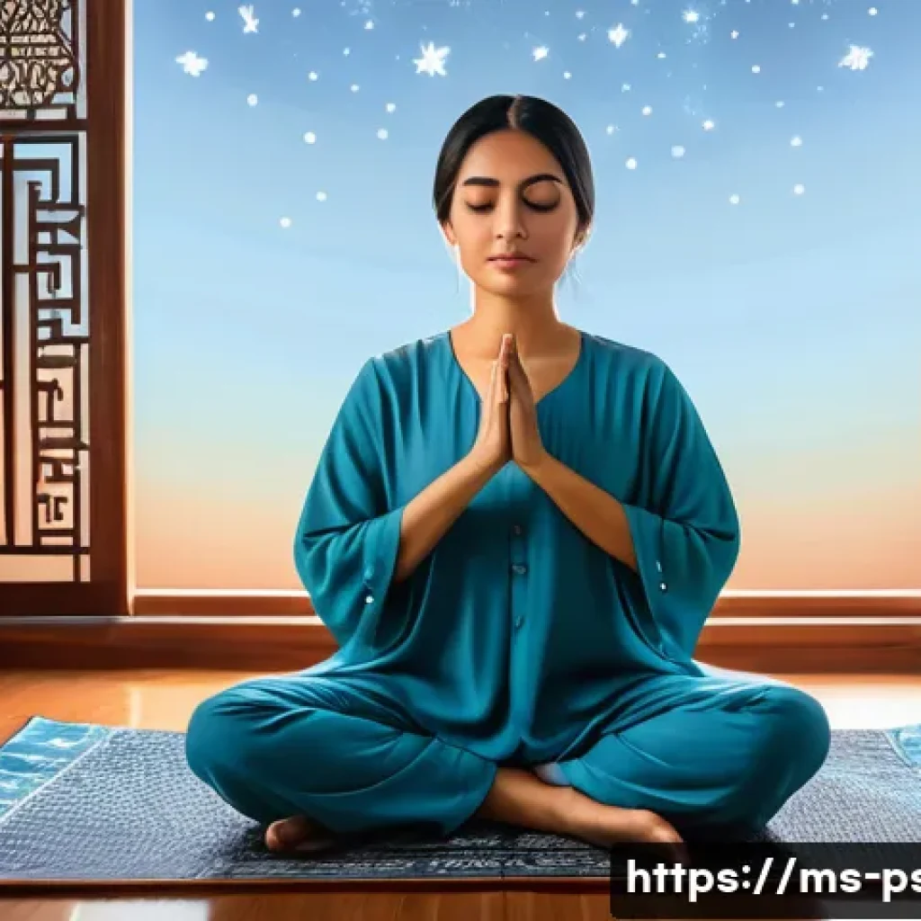 불면증 심리치료 방법 - A serene bedroom scene featuring a Malay adult woman practicing meditation before sleep, sitting cro...