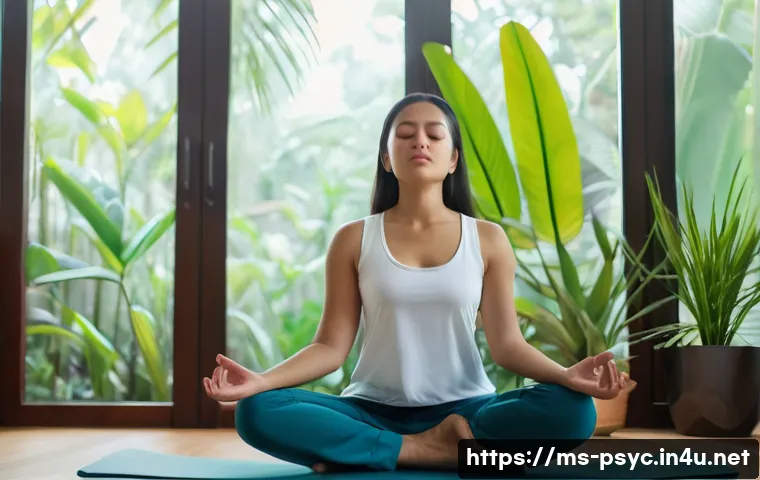 공황장애 자가 치료법 - A serene Malaysian woman practicing slow deep breathing exercises in a calm, modern living room with...