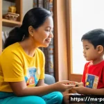 Home 20 소아 ADHD 치료 후기 - A caring Malaysian mother gently comforting her young son with ADHD in a cozy living room setting. T...