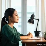 Home 18 정신건강 자가 관리 팁 - A serene Malaysian home office scene featuring a neat, organized desk with minimal clutter, a small ...