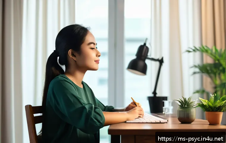 정신건강 자가 관리 팁 - A serene Malaysian home office scene featuring a neat, organized desk with minimal clutter, a small ...