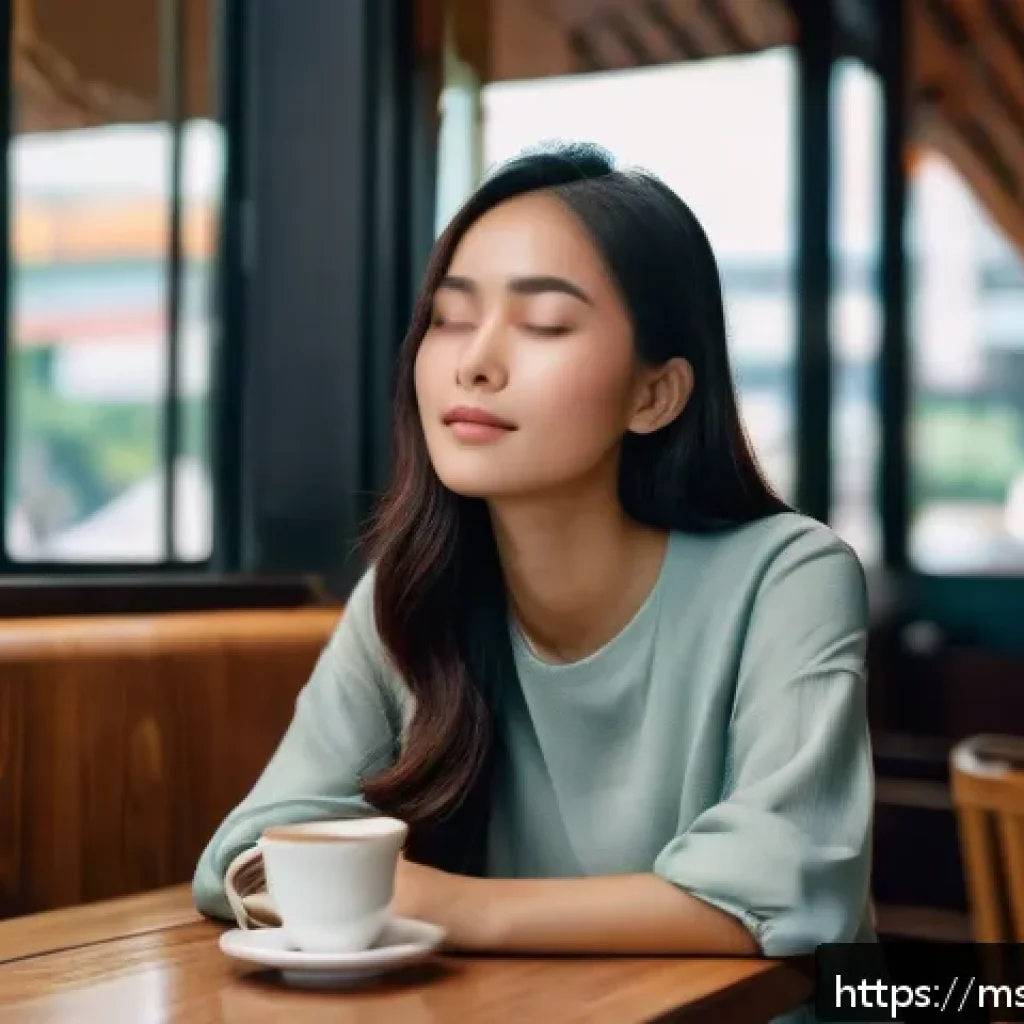 사회불안장애와 대인관계 - A young Southeast Asian woman in casual modern clothing, sitting comfortably alone in a cozy urban c...