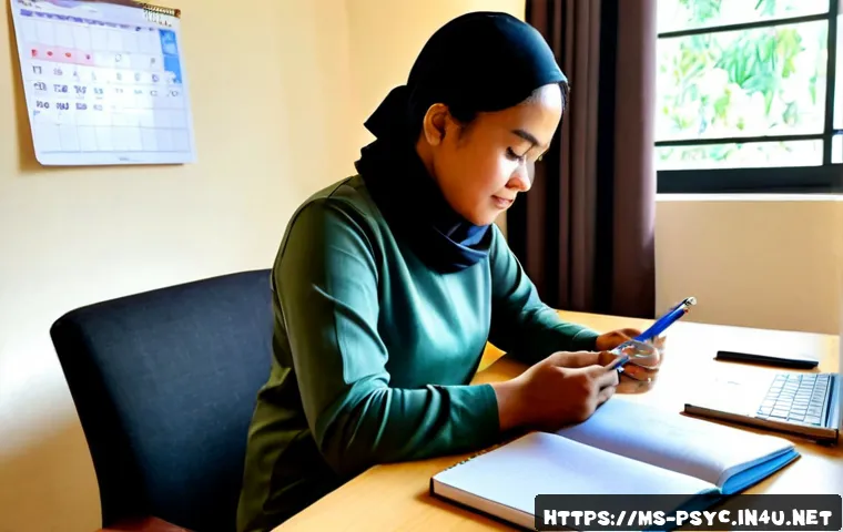 Home 15 정신과 상담 예약 팁 - Photorealistic Malaysian adult woman in modest casual clothing sitting at a tidy home desk, calmly s...